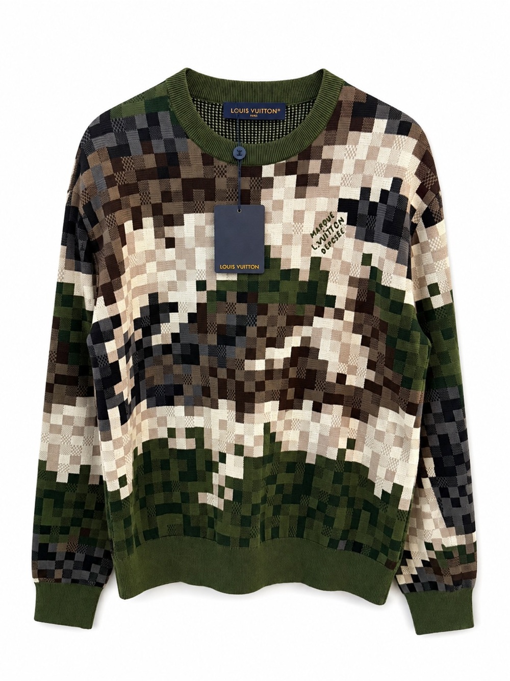 Louis Vuitton Men’s Pixel Camo Crewneck Sweater in Green and Brown
